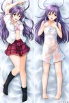  arms_above_head arms_up bed bra dakimakura eba_yuzuki kimi_no_iru_machi long_hair open_clothes open_shirt purple_hair school_uniform see-through shirt socks transparent_clothes underwear 