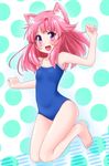  :d animal_ears barefoot blush cat_ears fang legs_folded omochi_(chirori01) one-piece_swimsuit open_mouth original pink_hair purple_eyes school_swimsuit short_hair smile solo swimsuit 