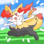 1:1 2022 ambiguous_anthro ambiguous_gender annyui0611 anthro biped blush blush_stickers braixen canid cloud cute_fangs detailed_background digital_drawing_(artwork) digital_media_(artwork) digitigrade dipstick_tail emanata fangs featureless_crotch food front_view full-length_portrait generation_6_pokemon grass hi_res japanese_description mammal markings midair nintendo object_in_tail open_:3 open_mouth open_smile outside plant pokemon pokemon_(species) portrait shrimp_(food) smile snout solo tail tail_markings teeth translated_description