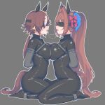  2girls armbinder bdsm blindfold bodystocking bodysuit bondage bound commentary_request daiwa_scarlet_(umamusume) highres impossible_bodysuit impossible_clothes impossible_leotard inatsu latex latex_bodysuit leotard multiple_girls restrained skin_tight umamusume vodka_(umamusume) yuri 