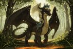 all_fours black_body black_scales blue_body blue_fur blue_tail darkforestt dragon duo european_mythology feral forest forest_background fur furred_dragon furred_scalie happy hi_res horn kai_(truthspeaker) larger_male male male/male mythological_creature mythological_scalie mythology plant raised_wings scales scalie size_difference sleeping smaller_male spikes spread_wings tail tired tree western_dragon white_body white_fur white_scales wings winter_(truthspeaker)