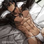  1boy abs arms_behind_back artist_name bara closed_mouth commentary_request dark-skinned_male dark_skin doudanuki_masakuni fundoshi japanese_clothes lying male_focus moreshan multiple_scars muscular muscular_male navel nipples no_pants on_back pectorals pillow scar scar_on_cheek scar_on_face scar_on_nose touken_ranbu twitter_username 