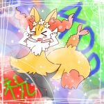 1:1 2022 accessory ambiguous_anthro ambiguous_gender annyui0611 anthro biped blush braixen canid cute_fangs digital_drawing_(artwork) digital_media_(artwork) digitigrade dipstick_tail fangs featureless_crotch flower flower_in_hair food front_view full-length_portrait generation_6_pokemon hair hair_accessory hi_res japanese_description japanese_text looking_at_viewer mammal markings milestone_celebration nintendo number object_in_tail on_one_leg one_eye_closed open_mouth open_smile plant pokemon pokemon_(species) portrait pose shrimp_(food) smile solo standing tail tail_markings teeth text translated translated_description wink winking_at_viewer