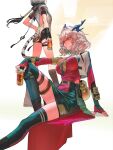  2girls absurdres arknights arknights:_endfield arm_support beer_can black_gloves black_hair black_shorts black_skirt blue_horns breasts can commentary cropped_jacket drink_can fingerless_gloves foot_out_of_frame from_below from_side gloves gourd green_thighhighs hair_intakes hair_tubes hand_on_own_knee head_out_of_frame highres holding holding_can horns jacket knee_up large_breasts long_hair looking_ahead medium_breasts medium_hair mi_fu_(arknights) miniskirt multiple_girls pink_hair pointy_ears red_shirt shirt short_shorts shorts simple_background single_hair_tube sitting skirt standing strapless strapless_shirt tail tangtang_(arknights) tassel thigh_strap thighhighs tiger_girl tiger_tail untranslatable_commentary waist_cape white_jacket yang_yu_sanjiao zettai_ryouiki 