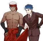  archer avenger avenger_(cosplay) bandana bazett_fraga_mcremitz bazett_fraga_mcremitz_(cosplay) blue_hair cosplay dark_skin dark_skinned_male fate/hollow_ataraxia fate/stay_night fate_(series) formal gloves grey_eyes hand_wraps lancer long_hair male_focus multiple_boys necktie ponytail red_eyes san_moto shirtless single_glove suit white_hair 