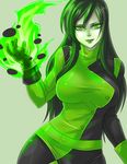  black_bodysuit black_hair bodysuit breasts exaxuxer fire flame gloves green green_background green_bodysuit green_eyes green_hair kim_possible large_breasts light_smile lips lipstick makeup shego solo 