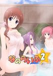  alternate_hairstyle bad_id bad_pixiv_id blush breasts brown_hair caro_ru_lushe cover covering embarrassed hair_intakes large_breasts long_hair lutecia_alpine lyrical_nanoha mahou_shoujo_lyrical_nanoha_strikers multiple_girls nude nude_cover onsen pink_hair purple_eyes purple_hair red_eyes shirogane_(fox) smile steam takamachi_nanoha towel water 