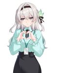  1girl absurdres aqua_shirt black_hairband black_ribbon black_skirt blue_pupils collared_shirt commentary english_commentary firefly_(honkai:_star_rail) grey_hair hair_intakes hair_ribbon hairband heart heart_hands highres honkai:_star_rail honkai_(series) lanyard long_hair maxwelzy office_lady purple_eyes ribbon shirt skirt sweatdrop white_background 