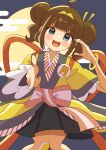  1girl :d absurdres ahoge alternate_eye_color back_ribbon badge bandaid bandaid_on_knee bandaid_on_leg black_skirt black_sky black_trim blue_eyes blush bracelet brown_hair button_badge commentary cut_bangs double_bun finger_gun french_fries_hair_ornament full_moon furisode_sleeves gold_bracelet hair_bun hair_ornament hairband hand_up happi highres imadake_dabuchi_tabemi imadake_tsukimi_tabemi japanese_clothes jewelry kimono knees_together_feet_apart looking_at_viewer mcdonald's moon night open_mouth outdoors outstretched_hand pink_sash pleated_skirt red_ribbon refisa ribbon sash short_hair short_sleeves skirt sky smile solo striped_clothes striped_kimono vertical-striped_clothes vertical-striped_kimono white_kimono wide_sleeves yellow_hairband yellow_happi 
