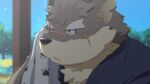  1boy animal_ears bara blue_kimono brown_fur commentary_request dog_boy dog_ears furry furry_male highres holding holding_towel japanese_clothes jerry_(jerry_5779) kimono korean_commentary looking_to_the_side male_focus moritaka_(housamo) scar scar_across_eyebrow scar_on_cheek scar_on_face scar_on_nose sweat tokyo_afterschool_summoners towel wiping_face yukata 