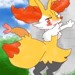 1:1 2022 against_surface against_wall ambiguous_anthro ambiguous_gender annyui0611 anthro biped blush blushing_profusely braixen canid cloud detailed_background digital_drawing_(artwork) digital_media_(artwork) dipstick_tail food generation_6_pokemon japanese_description leaning leaning_forward looking_at_viewer looking_back looking_back_at_viewer mammal markings nintendo object_in_tail outside plant pokemon pokemon_(species) portrait quadruped rear_view shrimp_(food) sky snout solo standing tail tail_markings three-quarter_portrait translated_description tree
