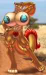 4_toes 5_fingers abs absurd_res anthro areola biceps big_breasts big_muscles biped black_areola black_pawpads blue_bikini_top blurred_background breasts brown_nose camel_toe closed_smile collarbone countershade_face countershade_fur countershade_torso countershading day depth_of_field digital_drawing_(artwork) digital_media_(artwork) eyelashes feet felid female female_anthro fingerpads fingers front_view full-length_portrait fur genital_outline gideon grey_eyes hand_behind_head hand_on_hip hand_on_own_hip hi_res huge_breasts huge_muscles hyper hyper_breasts lion looking_aside mammal mixed_media mouth_closed muscular muscular_anthro muscular_female muscular_thighs nipple_outline outside pantherine partially_clothed_anthro partially_clothed_female pawpads photo_background photography_(artwork) plant plantigrade portrait pubes pussy_tape quads red_body red_fur red_pubes road savanna shaded sky smile solo standing tail tail_tuft tan_body tan_fur tape toes tree triceps tuft vulva_outline wide_hips