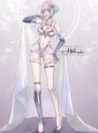  1girl aegyo_sal alternate_costume ass_visible_through_thighs blush breasts breasts_apart bridal_one-piece_swimsuit bridal_swimsuit bridal_veil commentary cyberpunk:_edgerunners cyberpunk_(series) earrings elbow_gloves finger_to_mouth full_body gloves gradient_hair hair_ornament high_heels highleg highleg_leotard highres jewelry large_breasts leotard looking_at_viewer lucy_(cyberpunk) multicolored_hair pink_shoes princess_ailish purple_eyes ring see-through_clothes shoes short_hair signature skindentation smile solo standing strap_pull thigh_strap thighhighs typo veil very_long_veil wedding_ring white_thighhighs 