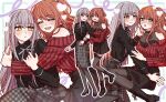  2girls arm_hug bang_dream! belt black_boots black_dress black_shirt black_shoes black_thighhighs blush boots breasts brown_hair buttons cleavage closed_eyes closed_mouth commentary_request commission crepe_commission dress earrings expressionless flustered gold_necklace green_eyes grey_hair grey_ribbon grey_skirt grin ha_eju half_updo hand_on_another's_arm hand_on_another's_chin heart hug hug_from_side imai_lisa jewelry korean_commentary lace-up_boots leg_up long_hair long_sleeves looking_at_another medium_breasts minato_yukina multiple_girls multiple_views neck_ribbon necklace nose_blush off-shoulder_shirt off_shoulder parted_lips plaid_clothes plaid_skirt rabbit_earrings red_shirt ribbon second-party_source see-through_cleavage see-through_clothes shirt shoes sidelocks sitting skirt sleeveless sleeveless_dress smile standing strapless strapless_shirt sweatdrop thighhighs white_belt yellow_eyes yuri 