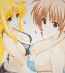  2girls arm_under_breasts bikini black_bikini blonde_hair blue_bikini breasts brown_hair closed_mouth collarbone commentary_request engo_(aquawatery) fate_testarossa hair_between_eyes heart large_breasts long_sidelocks looking_at_viewer lyrical_nanoha mahou_shoujo_lyrical_nanoha_strikers micro_bikini multiple_girls parted_bangs photoshop_(medium) purple_eyes red_eyes sideboob sidelocks simple_background smile swimsuit takamachi_nanoha traditional_media upper_body white_background wispy_bangs 