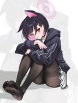  1girl absurdres animal_ears bingmang black_choker black_hair black_hoodie black_pantyhose blue_archive blush cat_ears cat_girl choker colored_inner_animal_ears colored_inner_hair crotch_seam extra_ears feet halo highres hood hoodie hugging_own_legs kazusa_(blue_archive) knees_up looking_at_viewer multicolored_hair neckerchief no_shoes panties panties_under_pantyhose pantyhose pink_hair pink_halo pink_neckerchief red_eyes short_hair sitting soles solo thighband_pantyhose toes two-tone_hair underwear 