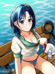  1girl 2025 absurdres anchor artist_name bench bikini bikini_bottom_only blue_hair breasts cleavage collar_tug collared_shirt commentary_request dated green_eyes hat highres looking_at_viewer medium_hair murasa_minamitsu neckerchief red_neckerchief shirt sitting smile solo swimsuit touhou twitter_username unworn_hat unworn_headwear water wet wet_clothes wet_shirt white_hat white_shirt ybpost 