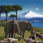 1:1 2024 agustindiazart blue_sky day duo feral grass grey_body grey_skin hi_res lake moon mountain nature notiomastodon outside plant proboscis_(anatomy) quadruped rock sky snow tree trunk_(anatomy) tusks