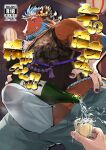  1boy alcohol animal_ears bara beard belly black_shirt blush bottle bulge choko_(cup) commentary_request cover cover_page cup doujin_cover erection erection_under_clothes facial_hair fat fat_man fundoshi furry furry_male hachimaki hand_on_own_hip headband holding holding_bottle holding_cup horse_boy horse_ears japanese_clothes lantern live_a_hero looking_at_viewer male_focus mm_yuram mole mole_on_cheek moriyasu_(live_a_hero) multicolored_hair open_fly open_pants pants paper_lantern penis sake sake_bottle shirt sleeveless sleeveless_shirt smile translation_request 