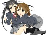  animal_ears black_hair brown_eyes brown_hair cat_ears hirasawa_yui hug k-on! long_hair md5_mismatch multiple_girls nakano_azusa pantyhose school_uniform short_hair simple_background twintails white_background zzzz_(bbqvg) 