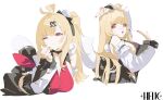  1girl ahoge albino_animal artist_logo asymmetrical_bangs bare_shoulders black_choker black_dress blonde_hair blunt_bangs breasts chinese_commentary choker cissia_(zenless_zone_zero) cleavage collared_dress commentary detached_sleeves dress hair_behind_ear helic_(7317helic) highres large_breasts logo multiple_views nail_polish pink_nails red_dress red_eyes simple_background slit_pupils snake sweat two-tone_dress upper_body white_background white_sleeves white_snake zenless_zone_zero 