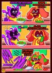 absurd_res anthro canid canine canis catnap_(poppy_playtime) comic dogday_(poppy_playtime) domestic_cat domestic_dog duo felid feline felis food hi_res male mammal mob_entertainment neckwear orange_body pickle_(food) poppy_playtime purple_body rocketlennon salad scared screaming smiling_critters spanish_text text translated
