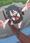  1girl absurdres balancing black_hair black_sailor_collar black_skirt black_socks blue_eyes blue_shoes blush_stickers breasts canyon dot_nose floating_hair full_body hair_between_eyes highres imekuri long_hair_between_eyes looking_down medium_breasts neckerchief open_mouth original outdoors outstretched_arms pleated_skirt red_neckerchief sailor_collar scared school_uniform serafuku shirt shoes short_hair short_sleeves skirt socks solo spread_arms white_shirt 