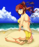  ass back bad_id bad_pixiv_id barefoot beach bikini blue_eyes breasts brown_hair cloud colored_eyelashes day defiaz_(infinity) dimples_of_venus feet flower hair_flower hair_ornament hair_ribbon hibiscus holding_arm large_breasts long_hair looking_at_viewer looking_back ocean original outdoors ribbon sand side-tie_bikini side_ponytail sideboob sidelocks sitting sky smile solo strap_gap swimsuit thighs wariza 