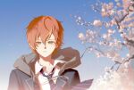  1boy blonde_streaks blue_jacket blue_sky branch cherry collarbone collared_shirt commentary_request food fruit gradient_background green_eyes grey_hood hair_between_eyes highres jacket kamiyama_high_school_uniform_(project_sekai) long_sleeves looking_at_viewer multicolored_hair necktie orange_hair padako project_sekai school_uniform shinonome_akito shirt short_hair sky split-color_hair streaked_hair tree wind 