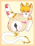 3:4 anthro anus anus_peek biped blonde_hair bluchyccheese blush border bulge butt clothing detailed_bulge felid feline femboy hair hi_res legs_up looking_at_viewer lying male male_anthro mammal orange_border paws simple_background smile solo tail talia_(tasticstarlight) thong underwear
