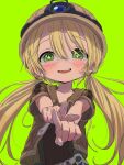  +_+ 1girl absurdres belt belt_pouch blonde_hair blush brown_helmet brown_jacket brown_shirt collarbone commentary english_commentary foreshortening glasses green_background green_eyes hair_between_eyes helmet highres jacket long_hair looking_at_viewer low_twintails made_in_abyss mining_helmet open_clothes open_jacket open_mouth outstretched_arms pointing pointing_at_viewer pouch riko_(made_in_abyss) sekaineko_001 semi-rimless_eyewear shirt short_sleeves simple_background smile solo teeth twintails upper_body upper_teeth_only white_belt 
