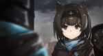  1girl 1other animal_ears arknights bad_id bad_pixiv_id black_eyes black_hair black_hairband black_jacket blurry blurry_background blurry_foreground brown_eyes brown_hair cat_ears cat_girl closed_mouth cloud cloudy_sky depth_of_field doctor_(arknights) frown hairband highres hood hood_down hooded_jacket jacket outdoors parody rhodes_island_medic_operator_(arknights) shinoyo shirt short_hair sky solo_focus upper_body v-shaped_eyebrows 