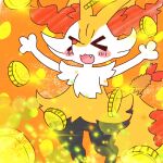 >o< 1:1 2022 ambiguous_anthro ambiguous_gender annyui0611 anthro arms_out biped blush blush_stickers braixen canid coin cute_fangs digital_drawing_(artwork) digital_media_(artwork) digitigrade dipstick_tail eyes_closed fangs featureless_crotch food front_view generation_6_pokemon gold_(metal) gold_coin hi_res japanese_description mammal markings nintendo object_in_tail open_mouth open_smile pokemon pokemon_(species) portrait shrimp_(food) simple_background smile solo standing tail tail_markings teeth three-quarter_portrait translated_description