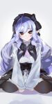  1girl ahoge ascot bow bowtie closed_mouth drill_hair gem grey_background hairband highres htbjca3l long_hair long_sleeves looking_at_viewer mole mole_under_eye multicolored_hair pointy_ears purple_ascot purple_bow purple_bowtie purple_gem purple_hair purple_hairband red_eyes simple_background sitting solo streaked_hair vivian_(kekkai_sensen) vivian_banshee wariza zenless_zone_zero 