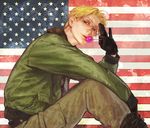  a_k_i america america_(hetalia) american_flag axis_powers_hetalia blonde_hair blue_eyes bomber_jacket candy flag flag_background food glasses gloves jacket lips lollipop male_focus military military_uniform realistic solo uniform 