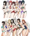  6+girls alternate_costume angel_devil_(chainsaw_man) bare_legs bikini bikini_skirt chainsaw_man commentary cropped_legs cross_scar demon_horns english_commentary eyepatch fami_(chainsaw_man) famine_devil_(chainsaw_man) feathered_wings feet_out_of_frame from_side genderswap genderswap_(mtf) halo higashiyama_kobeni highres himeno_(chainsaw_man) horns looking_at_viewer looking_to_the_side makima_(chainsaw_man) mifune_fumiko multiple_girls nayuta_(chainsaw_man) pointing pointing_at_viewer power_(chainsaw_man) quanxi_(chainsaw_man) reze_(chainsaw_man) ruffle_bikini santa_claus_(chainsaw_man) sawatari_akane_(chainsaw_man) scar scar_on_face shiren_(ourboy83) side-tie_bikini_bottom simple_background smile standing swimsuit v watch white_background white_wings wings wristwatch yoru_(chainsaw_man) 