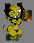 anthro big_breasts black_clothing black_footwear black_hair black_shoes black_thong black_topwear black_underwear bracelet breasts brown_body brown_eyes brown_scales clothed clothing dibujobienraro eyelashes fangs female fishnet_clothing fishnet_legwear flashing flashing_breasts footwear front_view green_body green_scales grey_background hair jewelry kneeling legwear navel nipple_outline nipple_tape nipples non-mammal_breasts non-mammal_navel non-mammal_nipples pasties pear-shaped_figure pigtails raised_clothing raised_topwear reptile scales scalie shoes simple_background snake solo spiked_bracelet spikes suzie_(undakuva) tape teeth thick_thighs thong topwear underwear ventral_scales wide_hips