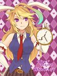  ahoge alternate_costume animal_ears argyle argyle_background bad_id bad_pixiv_id blonde_hair bunny_ears clock elbow_gloves gloves hand_on_hip kemonomimi_mode long_hair milla_maxwell necktie noko_(artist) purple_background purple_eyes smile solo tales_of_(series) tales_of_xillia white_gloves 