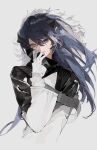  1girl absurdres arknights black_jacket black_scarf blue_eyes blue_hair chinese_commentary closed_mouth commentary_request demon_horns hair_between_eyes hand_up highres horns jacket long_hair long_sleeves looking_at_viewer mostima_(arknights) pekopeco scarf simple_background solo upper_body white_background 
