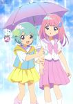  2girls :d :o absurdres anime_coloring animedia aqua_hair aquastar_inc. azuki_(mahou_no_shimai_lulutto_lilly) blue_background blue_eyes bow character_charm charm_(object) copyright_name copyright_notice crescent crescent_hair_ornament feet_out_of_frame gradient_umbrella hair_ornament highres holding holding_another's_arm holding_umbrella hood hood_down hooded_jacket jacket light_blush long_hair looking_at_another looking_at_viewer looking_to_the_side mahou_no_shimai_lulutto_lilly medium_skirt miniskirt multiple_girls nonoyama_fuu nonoyama_rui not_for_sale official_art open_mouth parted_lips pink_bow pink_hair pink_skirt pink_socks pink_umbrella pleated_skirt purple_eyes school_uniform serafuku shirt short_hair short_sleeves siblings sisters skirt smile socks star_(symbol) star_hair_ornament third-party_source uguisu_(mahou_no_shimai_lulutto_lilly) umbrella white_shirt white_socks yellow_skirt 