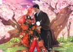  1boy 1girl artist_name black_hakama bride cherry_blossoms closed_eyes commentary commission dark-skinned_male dark_skin eiyuu_densetsu english_commentary falling_petals floating_hair floral_print floral_print_kimono flower grass hair_ornament hakama heavy_lens_flare highres holding_another's_wrist iwonn_(pixiv943160) japanese_clothes judith_lanster kanzashi kimono kuro_no_kiseki_(series) lens_flare long_hair long_sleeves non-circular_lens_flare oc_x_canon original outdoors petals pink_flower pink_hair pink_petals pink_sky print_kimono sitting sky wedding wide_sleeves 