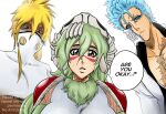  1boy 2girls armor bleach bleach:_sennen_kessen-hen blonde_hair blue_eyes blue_hair breasts broken_mask colored_eyelashes commentary crosshatching english_commentary english_text facial_mark green_eyes green_hair grimmjow_jaegerjaquez hatching_(texture) highres huge_breasts ivizard large_breasts mask multiple_girls nelliel_tu_odelschwanck pauldrons pov scar scar_on_chest shoulder_armor single_sidelock skull_on_head tier_harribel underboob 