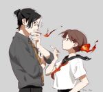  1boy 1girl black_eyes black_hair brown_hair cigarette collared_shirt commentary_request eye_contact fiery_hair fire from_side glasses hand_on_own_arm height_difference holding holding_cigarette looking_at_another multicolored_hair nanahyaku_torako neckerchief necktie original parted_bangs pointing ponytail profile red_eyes school_uniform serafuku shirt short_ponytail smoking split-color_hair upper_body white_hair 