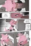 anthro areola balls big_breasts biped blush breasts clothed clothing comic dialogue duo english_text erection eyelashes face_fucking fellatio female female_penetrated genitals hi_res homuro horn horn_grab irrumatio male male/female male_penetrating nipples non-mammal_breasts non-mammal_nipples oral penetration penile penis penis_in_mouth pink_body profanity pupils scalie sex text vein veiny_penis