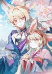  2girls absurdres animal_ear_fluff animal_ears arknights blonde_hair blurry blurry_background cherry_blossoms closed_mouth dated floral_print food fox_ears fox_girl green_eyes hairband hands_up highres holding holding_food japanese_clothes kimono long_hair long_sleeves looking_at_another looking_down looking_up mochi mother_and_child mother_and_daughter multiple_girls official_alternate_costume one_eye_closed outdoors parent_and_child pink_kimono print_kimono red_hairband scar scar_on_cheek scar_on_face sky suzuran_(arknights) suzuran_(yukibare)_(arknights) tun_gu_lamian_da_ji_zhe upper_body vulpisfoglia_(arknights) vulpisfoglia_(out_of_focus)_(arknights) yellow_eyes 