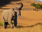 2025 4:3 agustindiazart archaic_human black_eyes blue_sky brown_body brown_fur day deinotherium feral fur grass grey_body grey_skin group hi_res hill hominin homo_habilis light mammal nature nightmare_fuel outside plant prehistoric_species primate proboscidean proboscis_(anatomy) quadruped shrub sky solo sunlight trunk_(anatomy) tusks