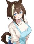  1girl animal_ears apron blue_apron blue_eyes blush breasts brown_hair brown_tail cheval_grand_(umamusume) collarbone commentary_request hair_between_eyes hair_intakes horse_ears horse_girl large_breasts looking_at_viewer multicolored_hair nanasedayoxd open_mouth shirt short_hair short_hair_with_long_locks sidelocks simple_background smile solo streaked_hair umamusume upper_body white_background white_shirt white_streaks 