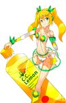  bare_shoulders blonde_hair bottle breasts c.c._lemon c.c._lemon_(character) food fruit green_eyes hair_ornament hairclip hide448 highres lemon looking_at_viewer medium_breasts minigirl navel simple_background skirt smile solo twintails white_background 