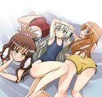  3girls ahoge armpits ass bikini blue_eyes brown_hair crossover flat_chest grey_eyes grey_hair gym_uniform hair_ornament hairpin kasugano_sora kousaka_kirino long_hair looking_at_viewer looking_back multiple_girls open_mouth ore_no_imouto_ga_konna_ni_kawaii_wake_ga_nai school_swimsuit smile swimsuit to_love-ru yellow_eyes yosuga_no_sora yuuki_mikan 