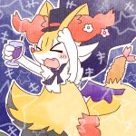 >o< 1:1 2022 accessory ambiguous_anthro ambiguous_gender annyui0611 anthro beverage biped blush blush_stickers braixen canid cape clothing container cup digital_drawing_(artwork) digital_media_(artwork) digitigrade dipstick_tail drinking_glass emanata eyes_closed fake_wings flower flower_in_hair food generation_6_pokemon glass glass_container glass_cup grape_juice hair hair_accessory half-length_portrait halloween hat headgear headwear hi_res holding_container holding_cup holding_drinking_glass holding_object holding_wine_glass holidays japanese_description juice_(beverage) mammal markings nintendo object_in_tail open_:3 open_mouth open_smile plant pokemon pokemon_(species) portrait shrimp_(food) simple_background smile snout solo star_polygon tail tail_markings textured top_hat translated_description wine_glass